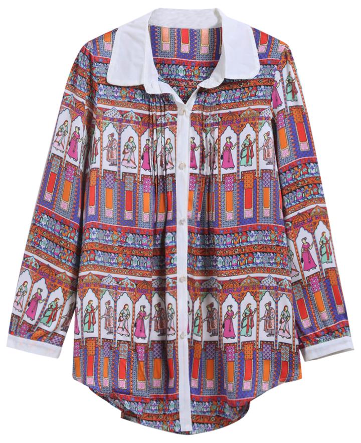 Romwe Vintage Print Lapel Loose Blouse