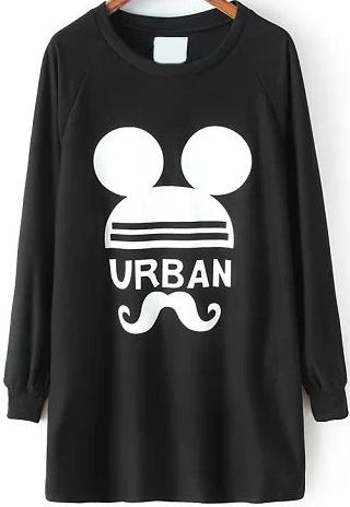Romwe Moustache Mickey Print Long Sleeve Black T-shirt