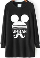 Romwe Moustache Mickey Print Long Sleeve Black T-shirt