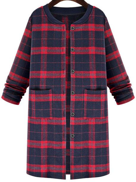 Romwe Single Breasted Plaid Red Coat