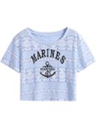 Romwe Marines Anchors Print Crop Blue T-shirt