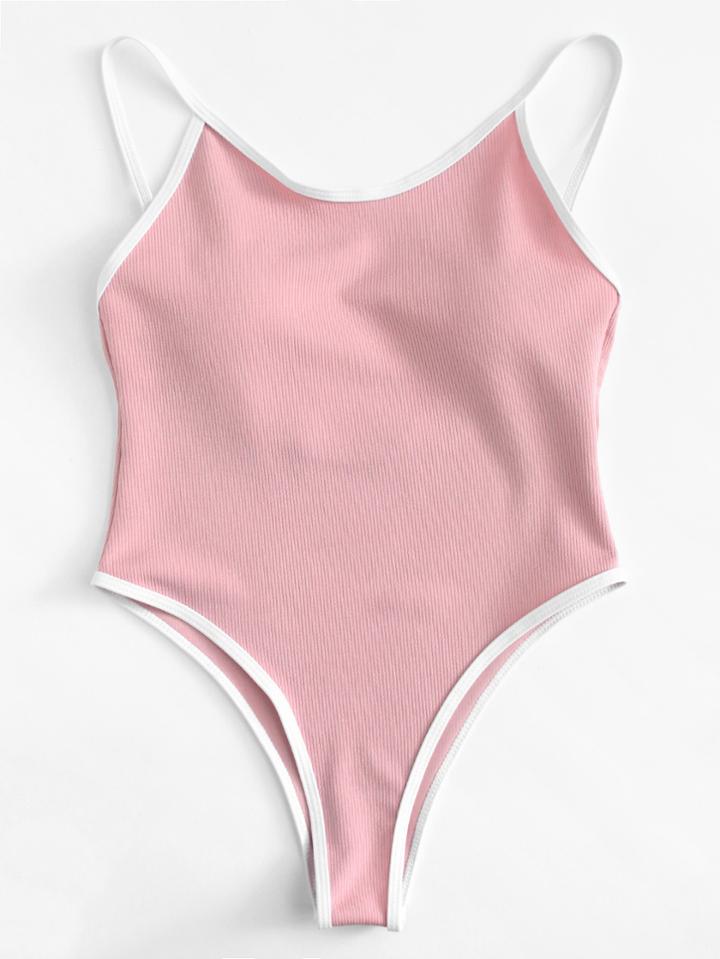 Romwe Contrast Binding Ribbed Knit Swimsuit