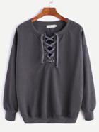 Romwe Dark Grey Ribbed Trim Drop Shoulder Lace Up Sweatshirt