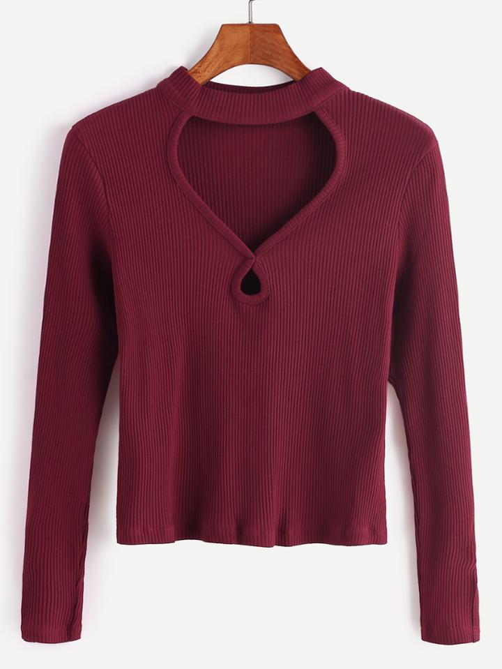 Romwe Burgundy Cut Out Front Ribbed T-shirt