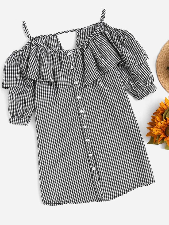 Romwe Open Shoulder Layered Checked Single Breasted Dress