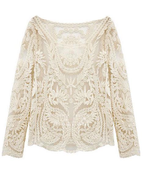 Romwe Embroidered Hollow Lace Apricot Blouse