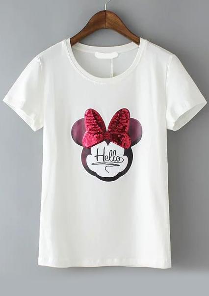 Romwe With Sequined Bow Letter Print T-shirt