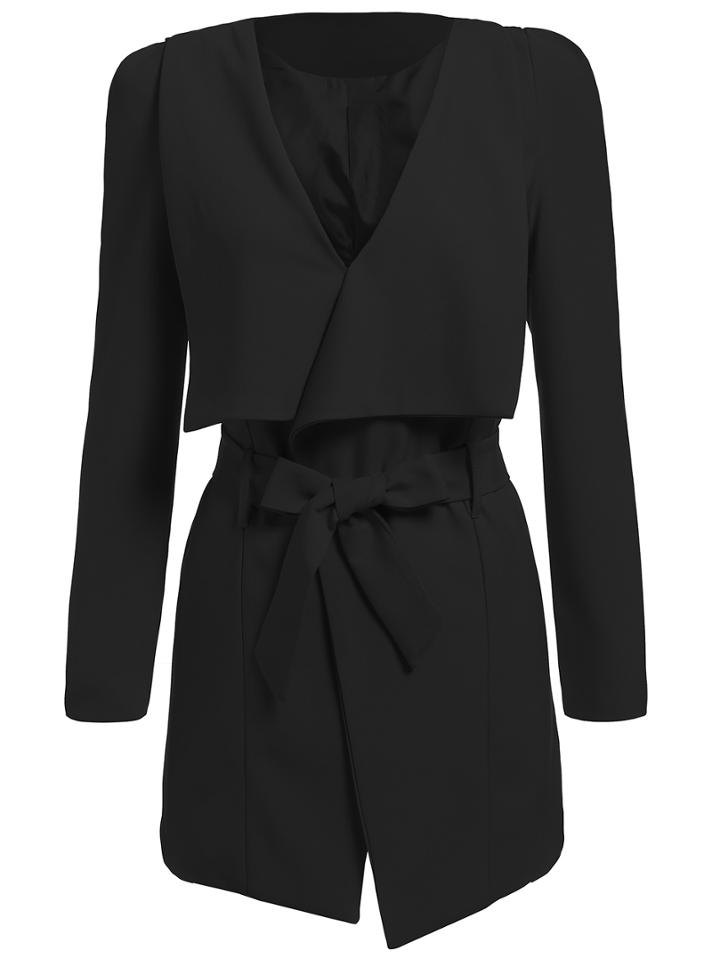 Romwe V Neck Belt Asymmetrical Black Coat