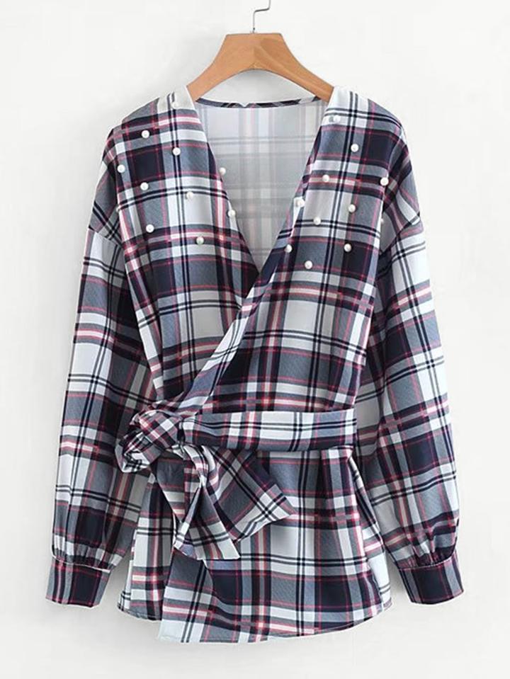 Romwe Faux Pearl Surplice Plaid Blouse With Belt