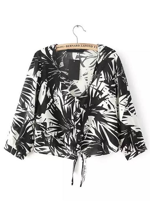 Romwe Tree Leaves Print Knotted Black Coat