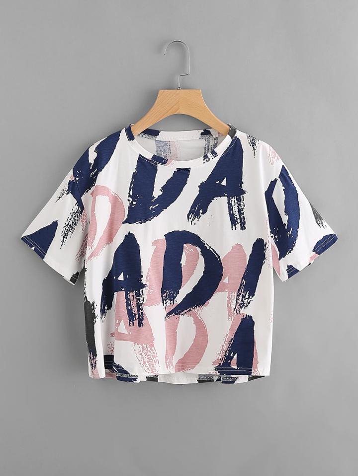 Romwe Allover Letter Print Tee
