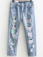 Romwe Blue Ripped Detail Sequin Embellished Jeans