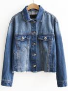 Romwe Blue Single Breasted Frayed Denim Jacket With Pocket