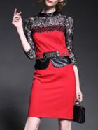 Romwe Red Stand Collar Length Sleeve Contrast Pu Lace Dress