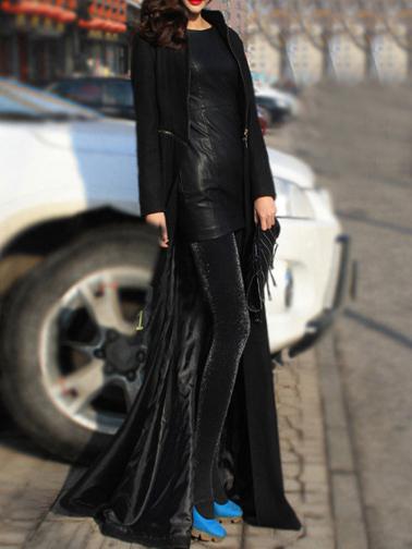 Romwe Stand Collar Slit Maxi Black Coat