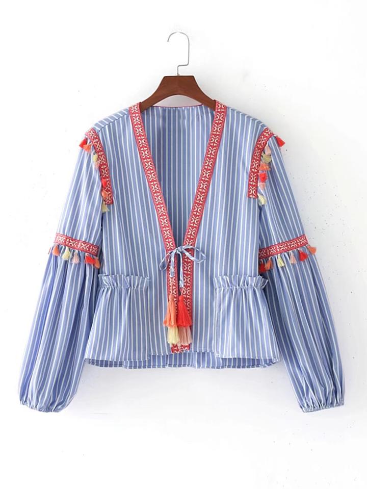 Romwe Embroidery Tape Tie Detail Blouse With Fringe