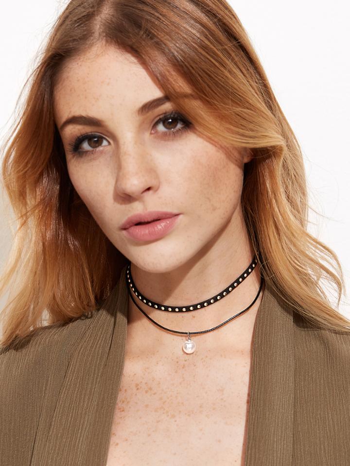 Romwe Black Faux Leather Studded Choker Double Layered Pearl Necklace