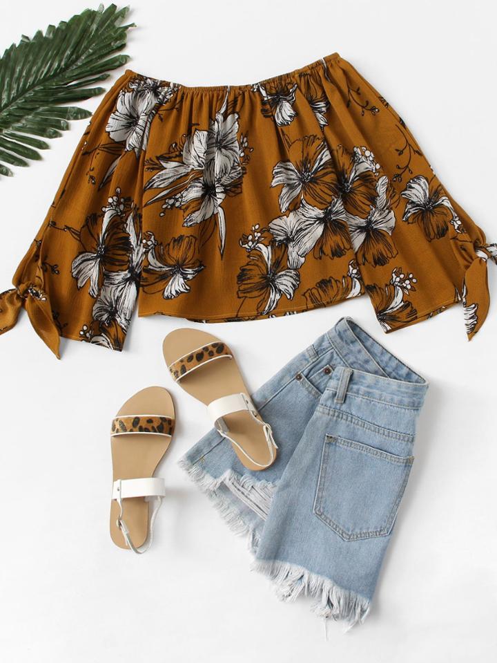 Romwe Off Shoulder Floral Print Knot Cuff Top
