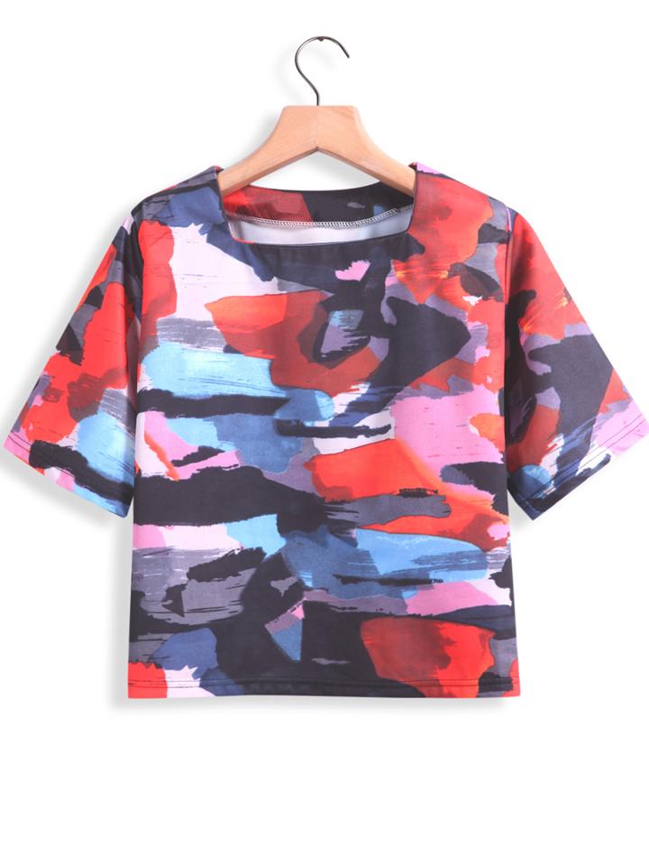 Romwe Square Neck Patchwork T-shirt