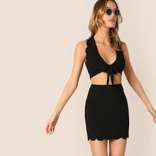 Romwe Scallop Edge Knot Crop Top And Bodycon Skirt Set