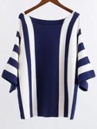 Romwe Blue Vertical Striped Batwing Sleeve Knitwear