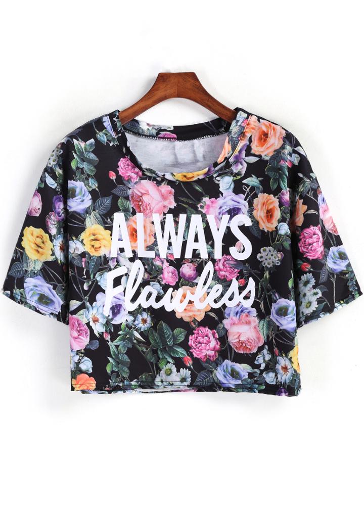 Romwe Black Short Sleeve Floral Letters Print Crop T-shirt