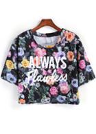 Romwe Black Short Sleeve Floral Letters Print Crop T-shirt