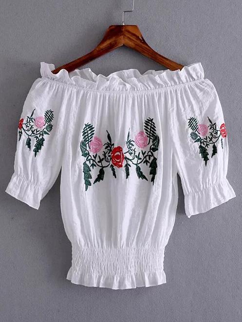 Romwe White Off The Shoulder Embroidered Blouse