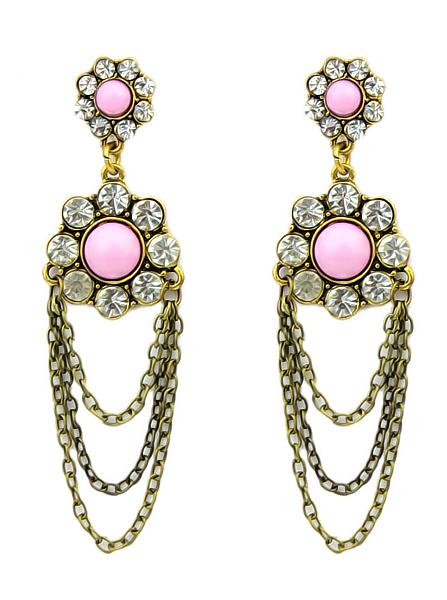 Romwe Pink Bead Metal Chain Earrings