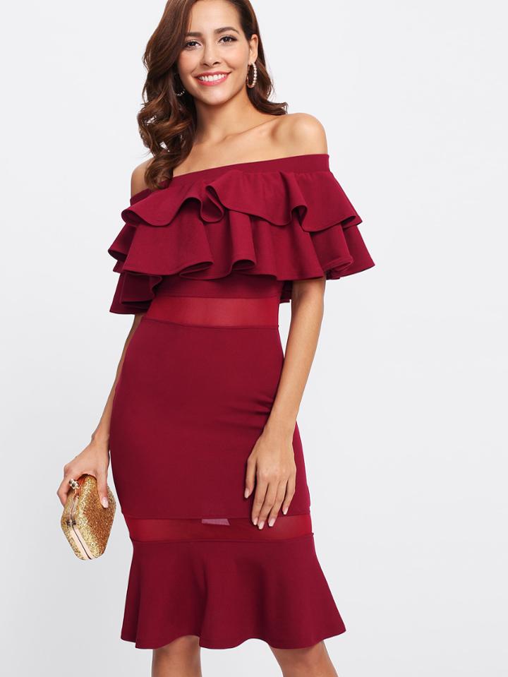 Romwe Flounce Layered Mesh Insert Fishtail Dress