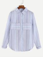 Romwe Blue Vertical Striped Dual Pocket Front Blouse