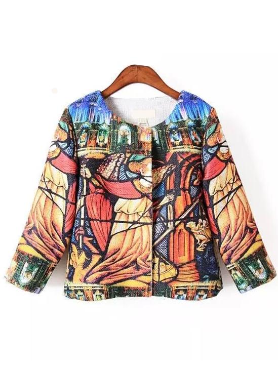 Romwe Abstract Print 3/4 Sleeve Coat