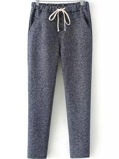 Romwe Drawstring Buttons Blue Pant