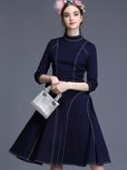 Romwe Blue Round Neck Length Sleeve Denim Drawstring Dress