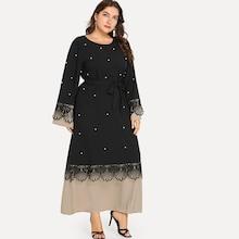 Romwe Plus Pearl Beaded Contrast Lace Dress