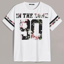 Romwe Guys Striped Cuff Letter & Floral Print Tee