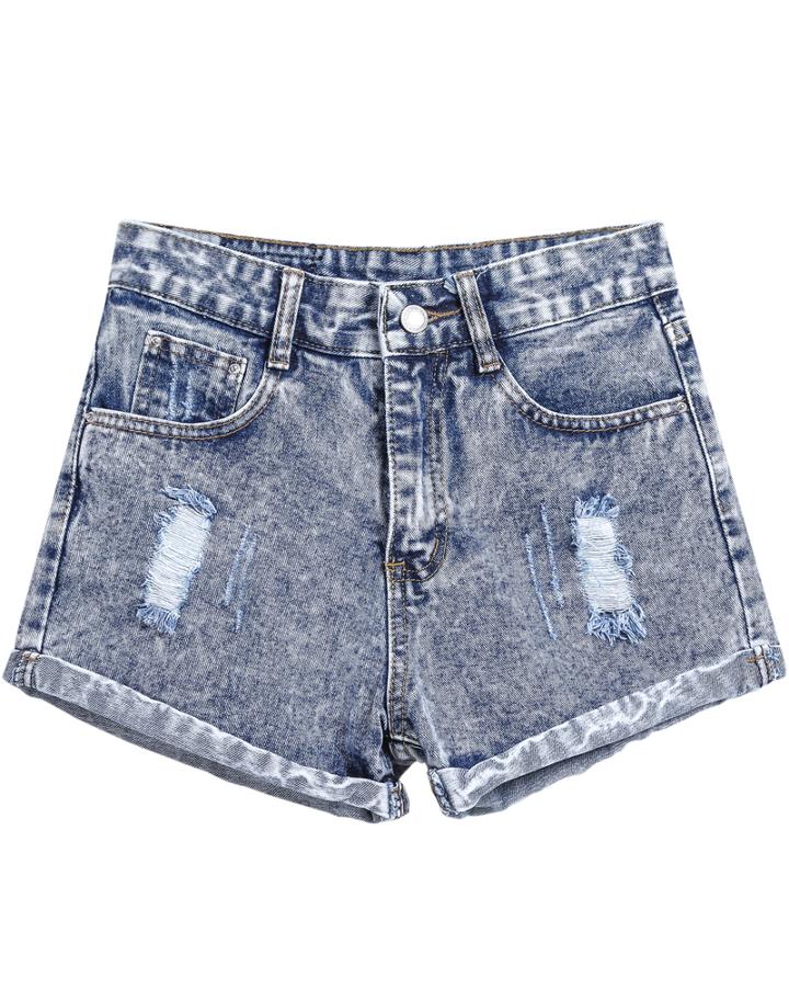 Romwe Ripped Flange Denim Shorts