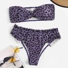 Romwe Leopard Twist Bandeau Top With Frilled Bikini Set