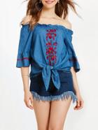 Romwe Off Shoulder Floral Embroidered Knot Front Top