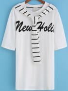 Romwe Striped Shawl Collar Letters Print White T-shirt