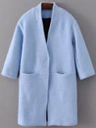 Romwe Blue Hidden Button Pocket Wool Blend Coat