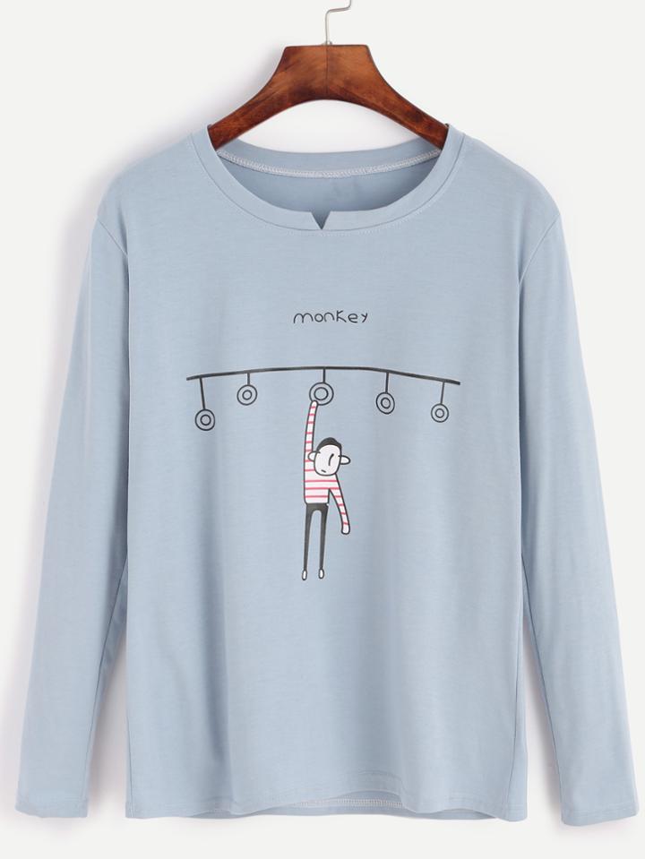 Romwe Pale Blue Cartoon Print V Cut Neck T-shirt