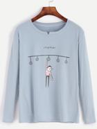 Romwe Pale Blue Cartoon Print V Cut Neck T-shirt
