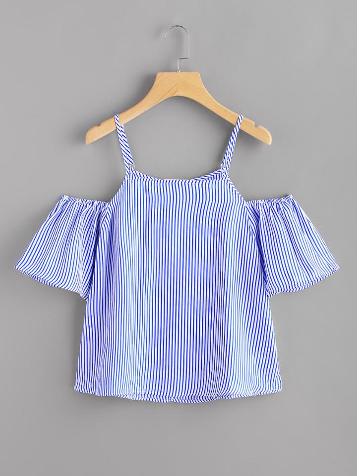 Romwe Open Shoulder Vertical Striped Top