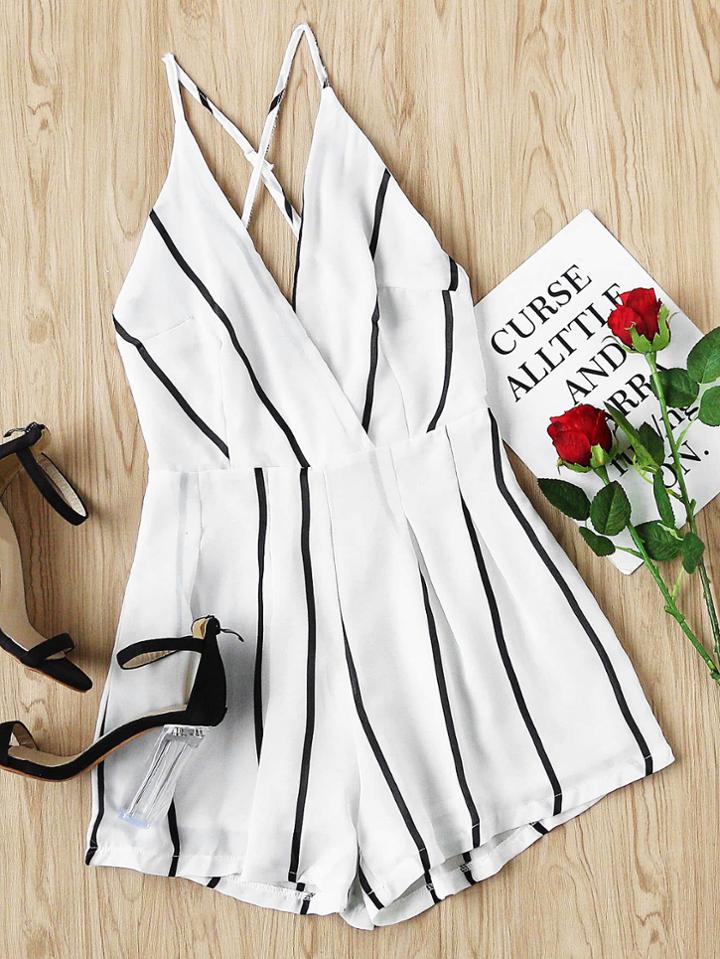 Romwe Stripe Criss Cross Open Back Romper