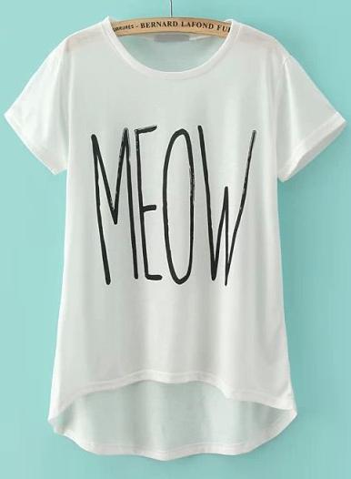 Romwe White Short Sleeve Meow Print T-shirt
