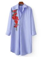 Romwe Blue Striped Flower Embroidered Applique Shirt Dress