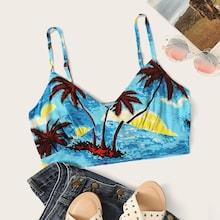 Romwe Tree Print Crop Cami Top