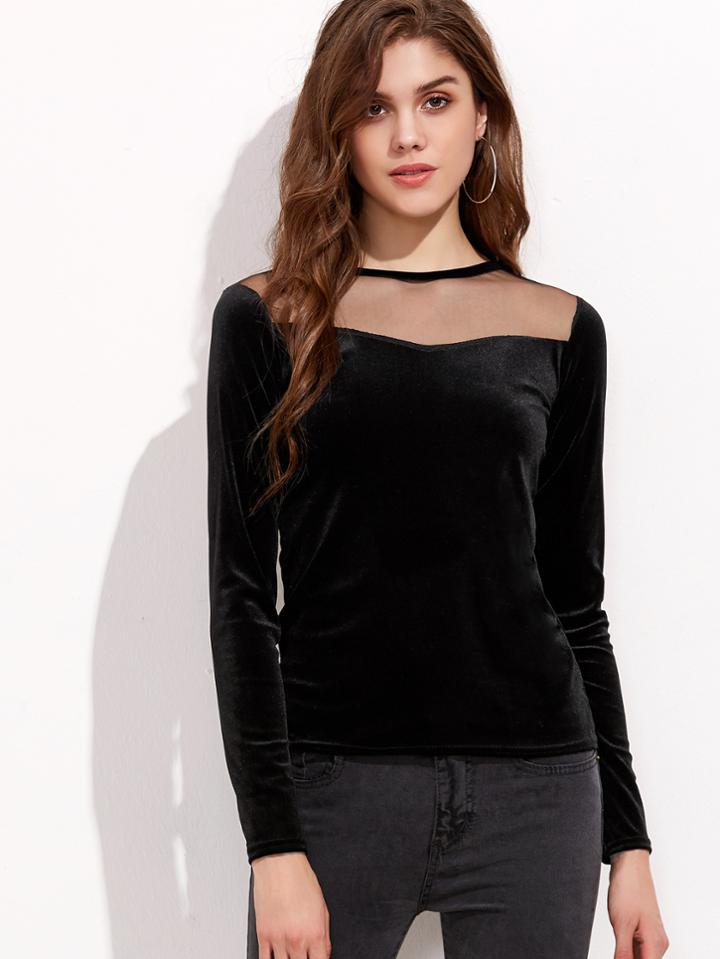 Romwe Black Mesh Insert Zipper Back Velvet T-shirt
