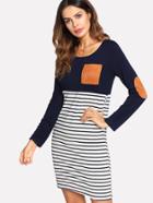 Romwe Contrast Suede Patches Striped Dress